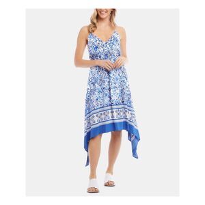 KAREN KANE Womens Blue Printed Spaghetti Strap V Neck Maxi Dress Size: L